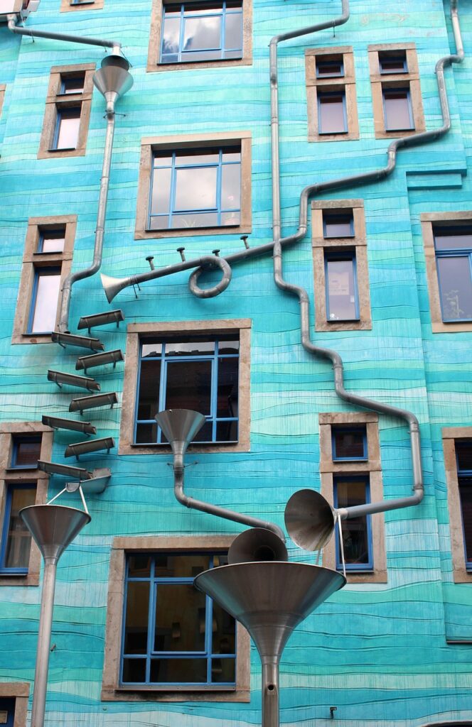 facade, rain gutter, waste water system, architecture, blue, art, rainwater game, dresden, neustadt, building, kunsthof passage, facade art, water, drops, flow, trendy, modern art, backyard, nature, artist quarter