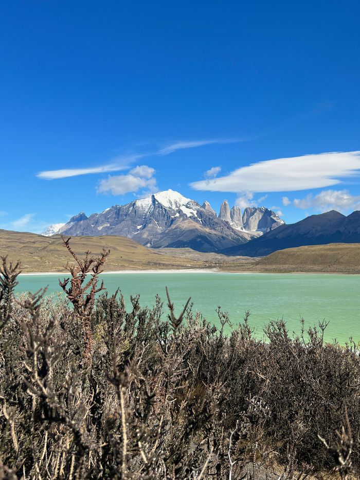 Breathtaking landscape of Torres del Paine with turquoise lake and snowy mountains under a clear blue sky.